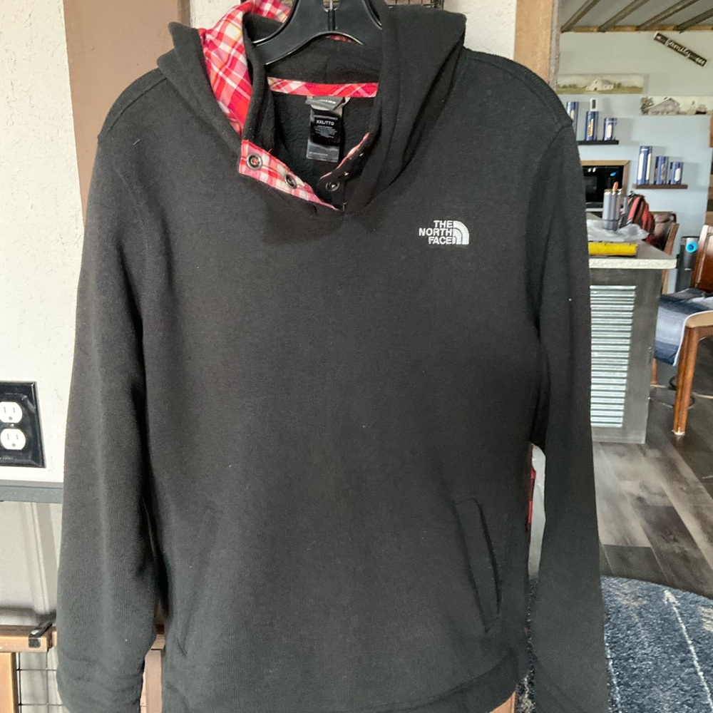 The North Face Black Pullover Hoodie with Red Plaid Lining
